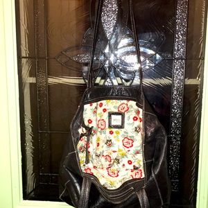 Latico vintage dark gray leather tote w vibrant floral fabric interior!